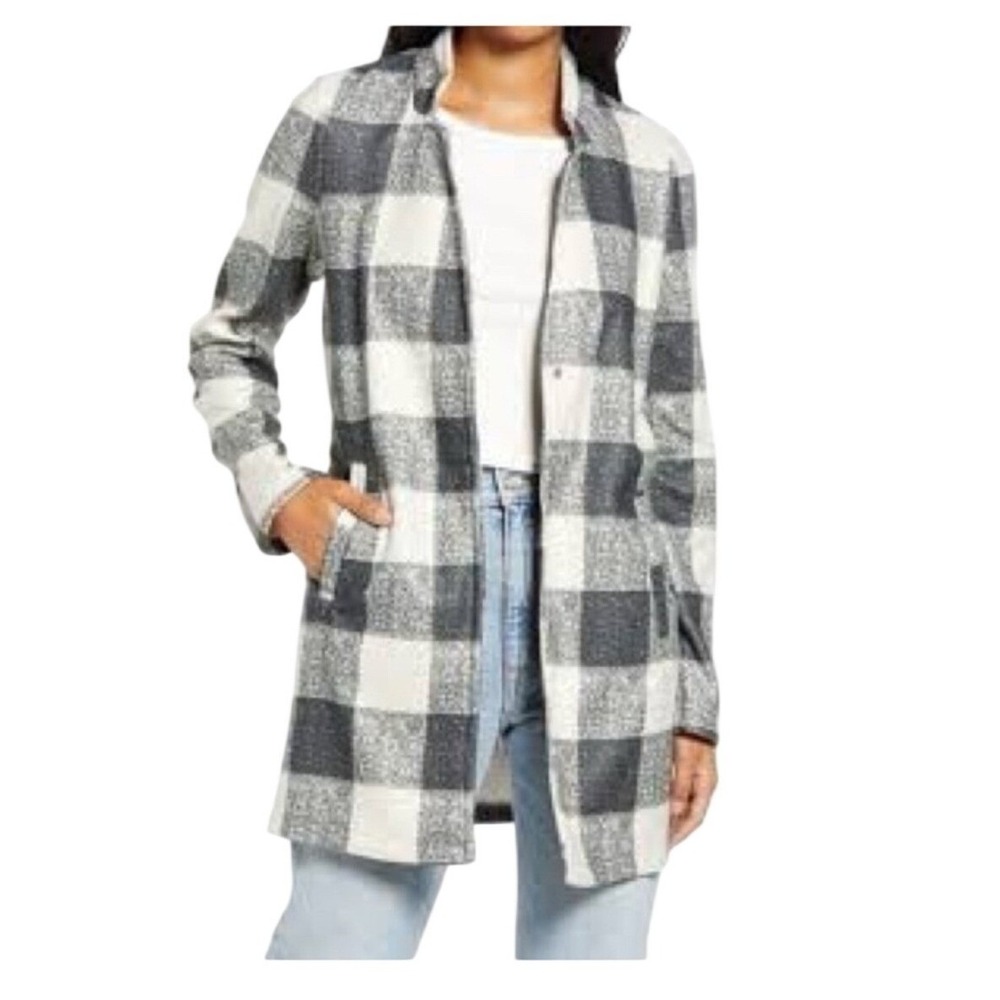 Vero Moda Carson Knit Jacket Black Cream Buffalo Check Plaid Snap Front Large‎